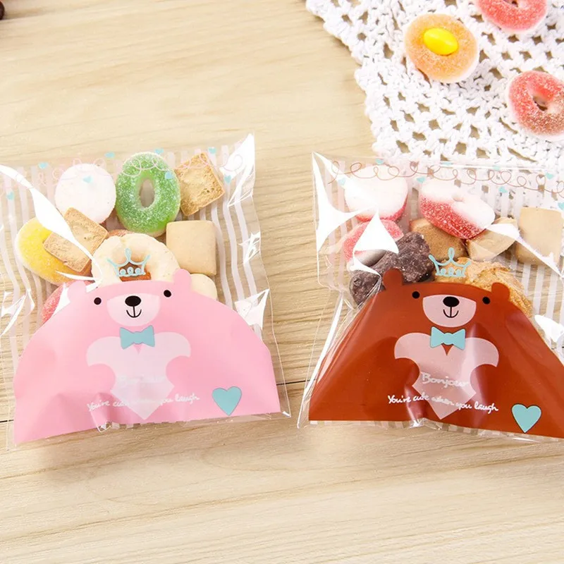 50pcs/lot cute bear Candy cookie Bags Self adhesive Plastic Biscuit