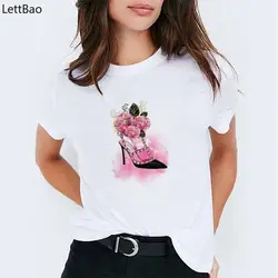 Обувь на высоком каблуке с цветочным принтом; модная женская футболка с принтом; сезон лето; коллекция 2019 года; Camisetas mujer; футболка; уличная
