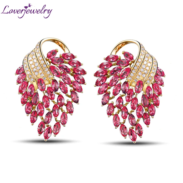 Loverjewelry Vintage Women Party 18k Yellow Gold Natural Diamond Loverjewelry Vintage Women Party 18k Yellow Gold Natural Diamond Pink Red Ruby Earrings Fine Jewelry For