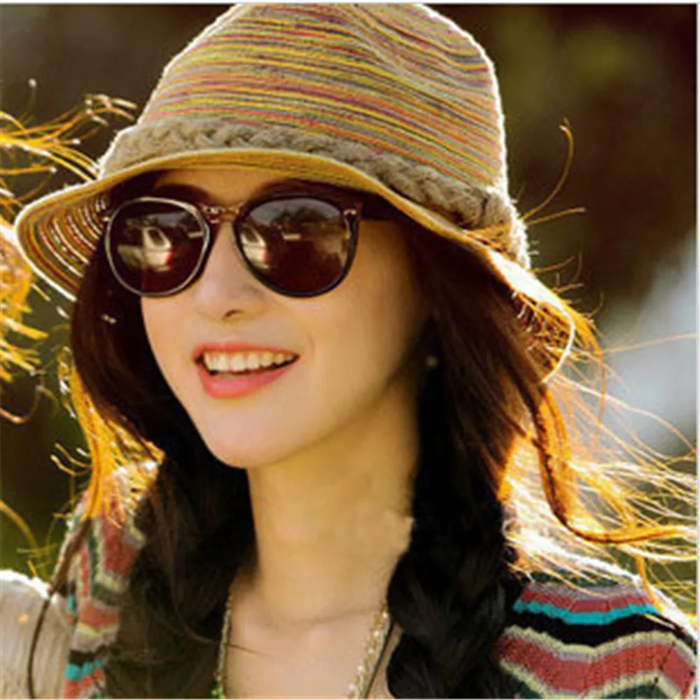 

New Summer Rainbow Straw Hat women Big Wide Brim Beach Floppy Sun Hats Foldable Sun Block UV Protection Foldable Panama Feminino
