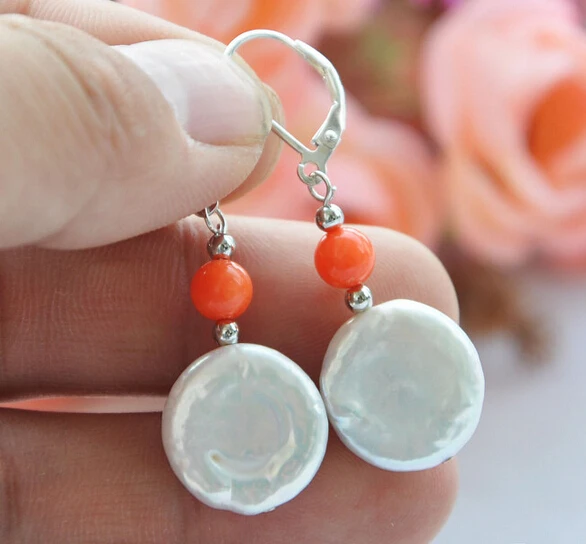 

FREE SHIPPING>>> free shipping 12153 WHITE COIN FRESHWATER PEARL PINK CORAL DANGLE EARRING