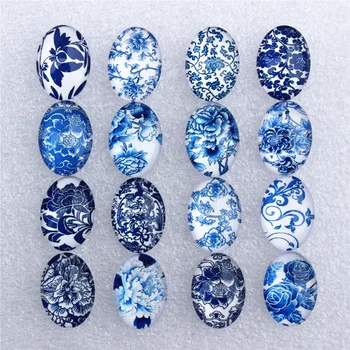 

13x18mm Oval Random mixed Blue and white Porcelain Glass Cabochons Flatback Photo Dome Jewelry DIY Accessories by pairs 30pcs