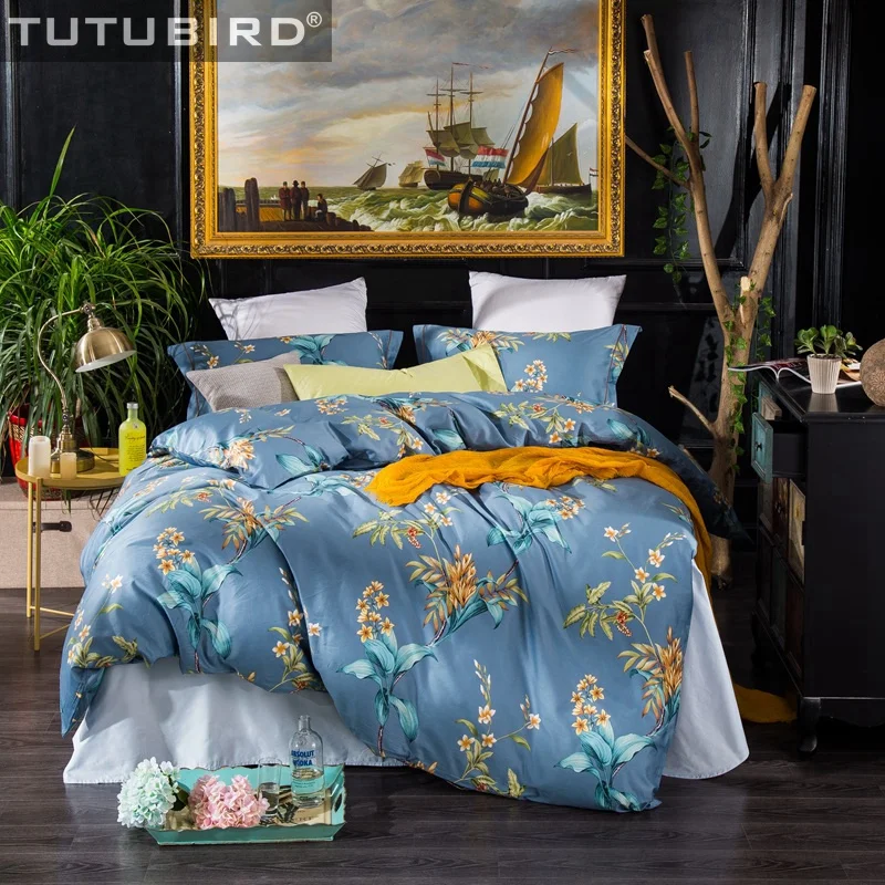 

Blue high quality Egyptian cotton bedlinen bedspread flower print pastoral bedding set bedclothes duvet cover pillowcase