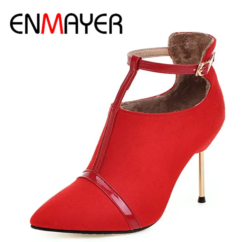 

ENMAYER High Heels Ankle Boots for Women Warm Winter Shoes Woman Sexy Red Black Shoes Shoes Pointed Toe T-strap Fashion Boots