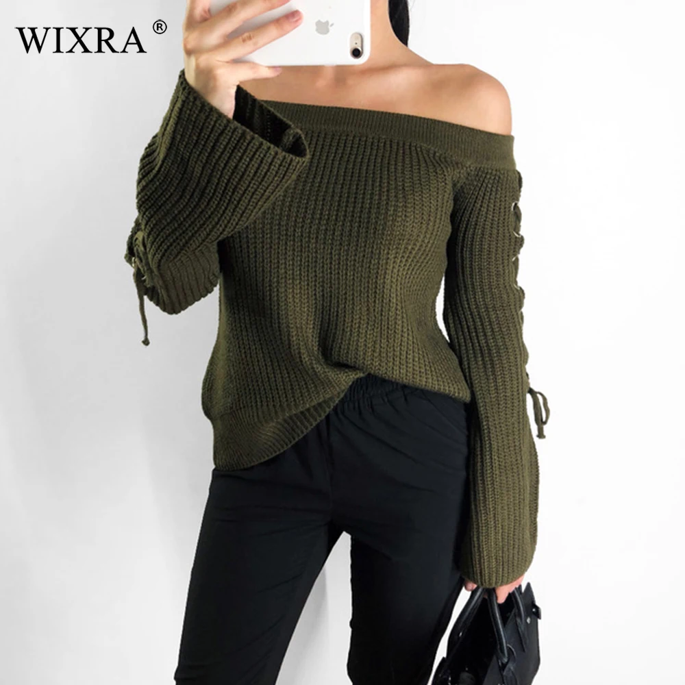 

Wixra 2018 Pullovers Sweater Loose Sexy Slash Neck Solid Lace up Sweaters Casual Basic Knitted Clothing For Women Autumn Winter