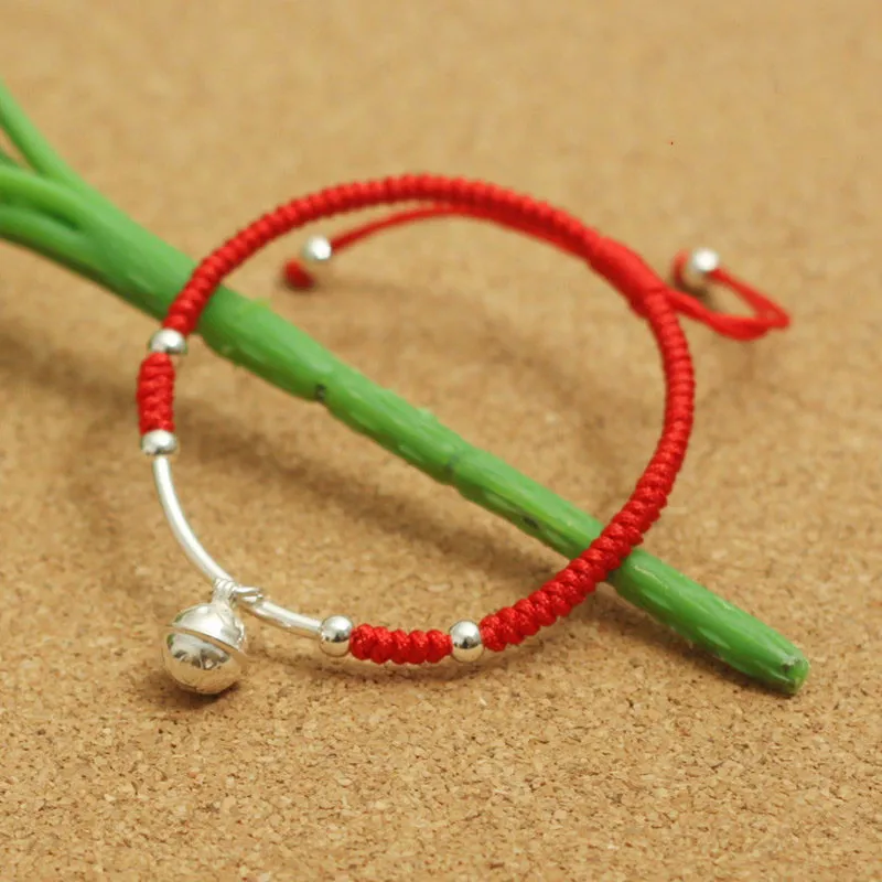Настоящий 925 пробы Серебряный браслет для женщин амулет ручной работы колокольчик Шарм Будда счастливый красный веревочный браслет и браслет ювелирные изделия