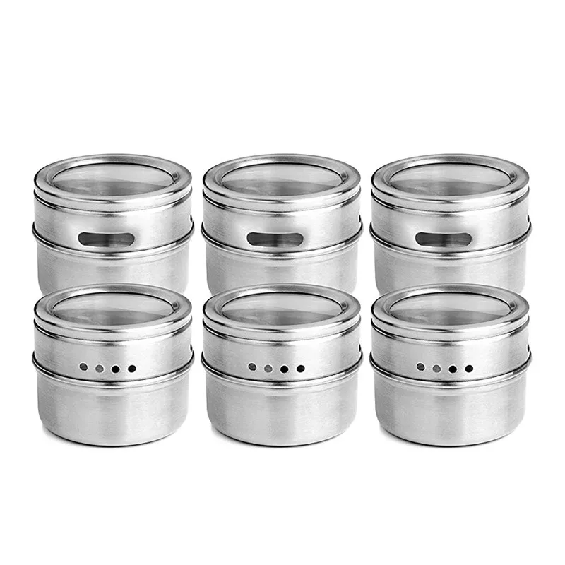 

6pcs / set Clear Lid Magnetic Spice Jar Stainless Steel Spice Sauce Storage Container Pots Kitchen Condiment Holder Houseware