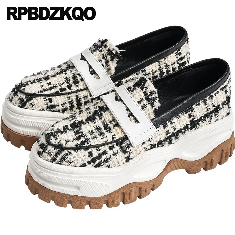 

flats shallow thick sole designer shoes women luxury 2019 gingham high quality muffin loafers plaid elevator platform creepers
