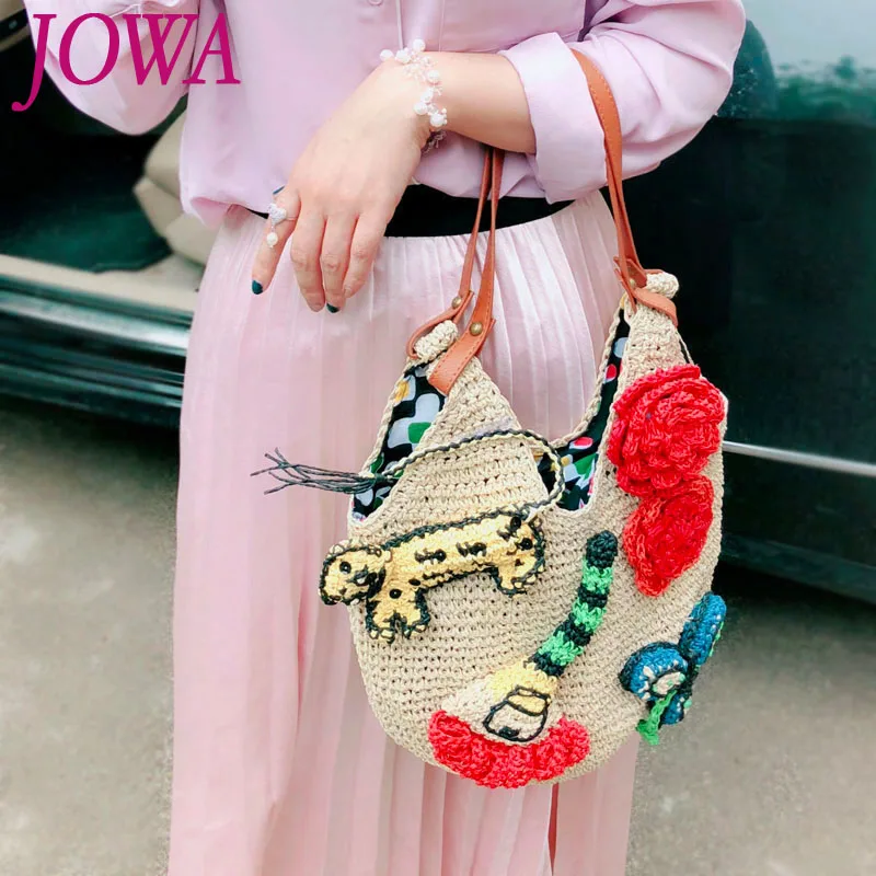 

2019 new design women's fashion casual tote all match straw weave handbags flower animals shoulder bags vacation string clutches