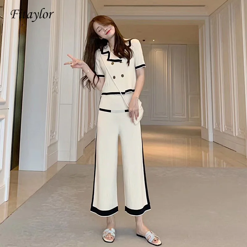 

Fitaylor Women Knitted Set Turn Down Collar Short Sleeve Double-breasted Cardigan Coat Tops + Wide Leg Pants Two Pieces Suits