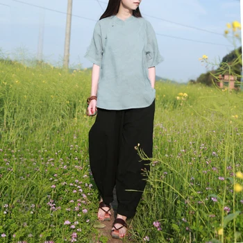 

Hisenky 2019 Traditional Chinese Tops Cool Summer Women Blouses Short Sleeve Linen White Shirt Female Blusas Chemise Femme