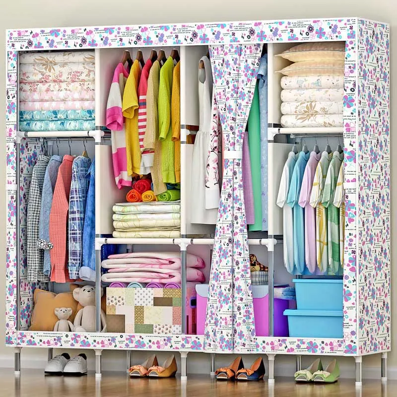 Flower pattern Folding wardrobe 19MM steel pipe Large capacity font b closet b font Household Oxford