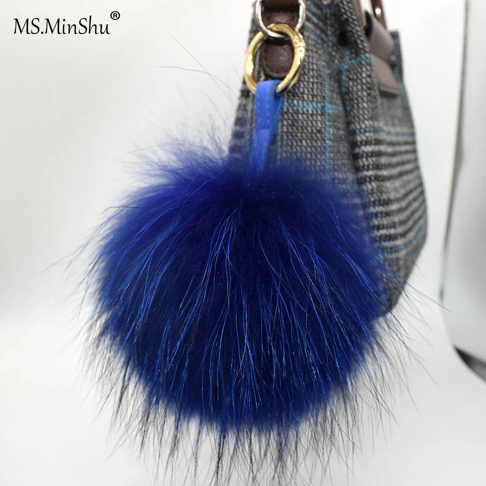 

Ms.MinShu Genuine Raccoon Fox Fur Pompom Real Fox Fur Ball Key chain Natural Fur Pompom Bag charm Plush Fur Pom Pom