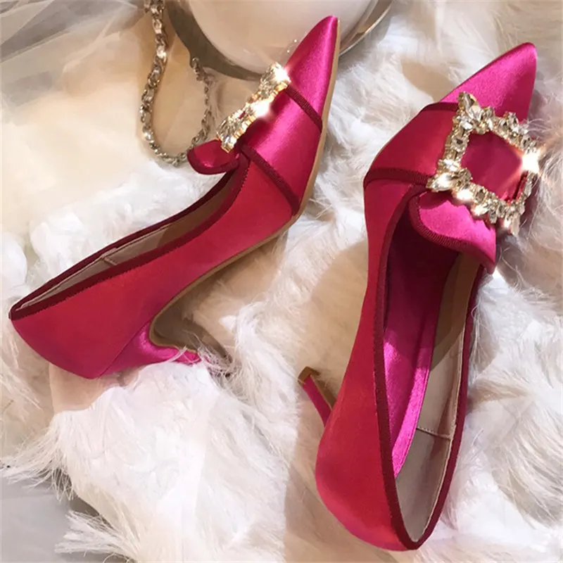 

Rhinestone High-Heeled Shoes Women 2019 Summer Thin High Heels Sandals Lady Crystal Square Buckle Pumps Slides Pointy Toe Mules