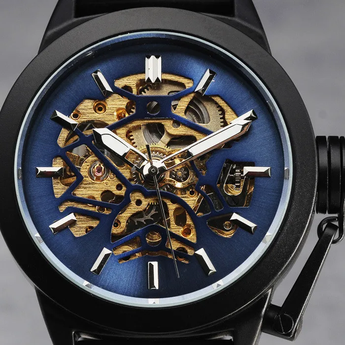 

New Fashion Luxury Top Brand WINNER Automatic Mechanical Men Watches Steel Case Crown Cap Skeleton Black Rubber Band Wristwatch