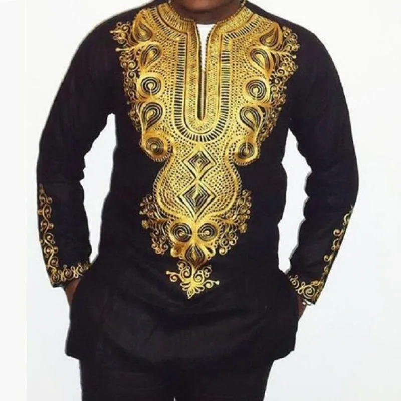 

2018 African dashiki costume print V neck long sleeve T shirt long men's T-shirt Embroidery Design Traditional african clothing