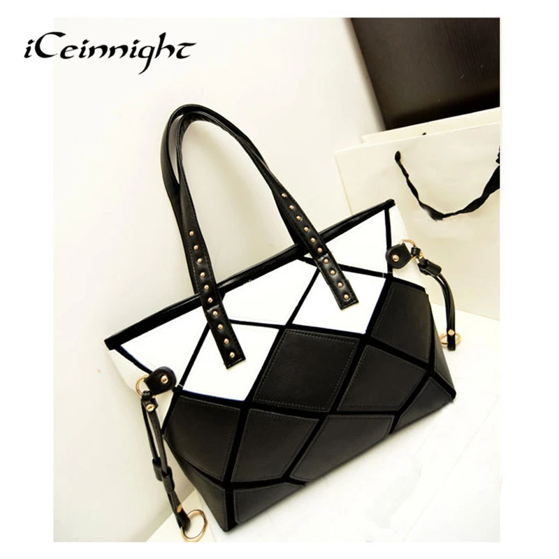 iCeinnight 2016 New High Quality Patchwork Square Handbag PU leather Shoulder Bag Large Women Fashion Totes