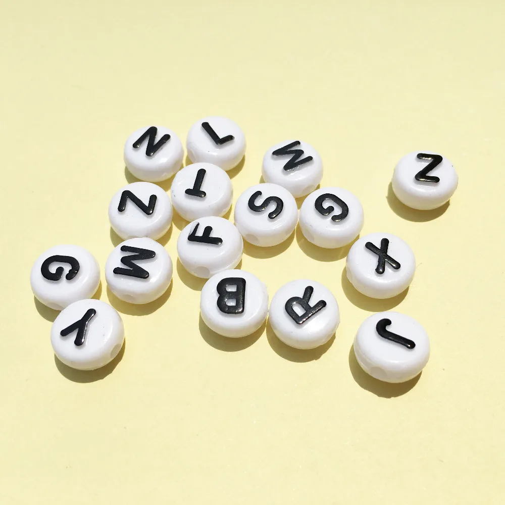 

New Arrival Flat Coin Round Shape Acrylic Letter Beads 6*10MM White with Black Initial Alphabet Plastic Jewelry Spacer Beads