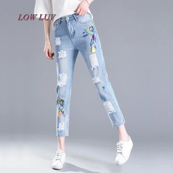 

Womens Jeans with Flowers Embroidery Boyfriend Ripped Jeans for Women Harajuku Printing Pantalon Femme Stretch Trousers al386