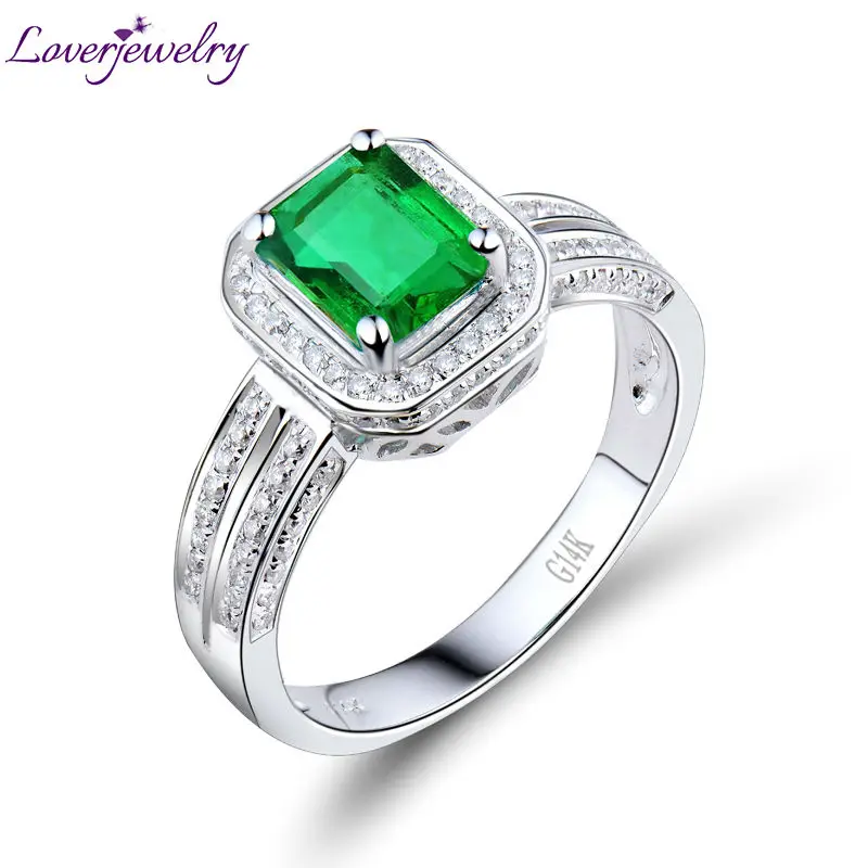 

New Engagement Emerald Cut 5x7mm Solid 14Kt White Gold Diamond Emerald Ring For Sale R00322
