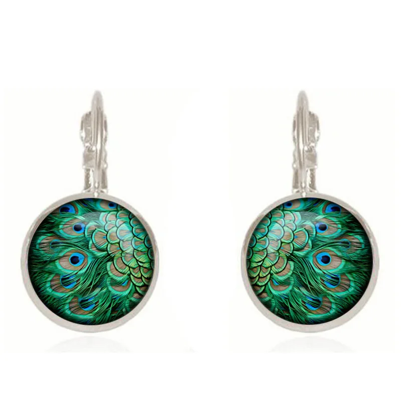 

Bohemia Earrings Feather Earrings Green Glass Ethnic Party Vintage Handmade Round Bronze Silver Metal for Aretes Femme Mujer
