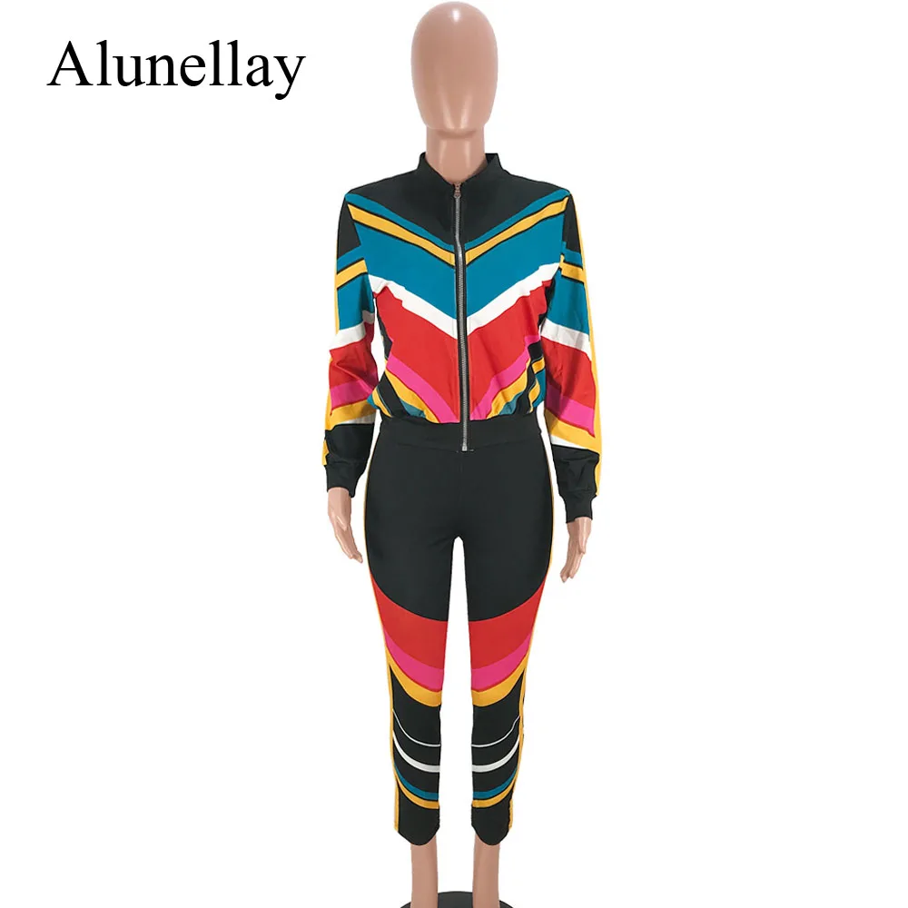 Alunellay Striped 2 Piece Sets Women Jumpsuit Sportwear Long Sleeve Jumpsuits Women Zipper Bodycon Jumpsuit Romper Autumn Winter