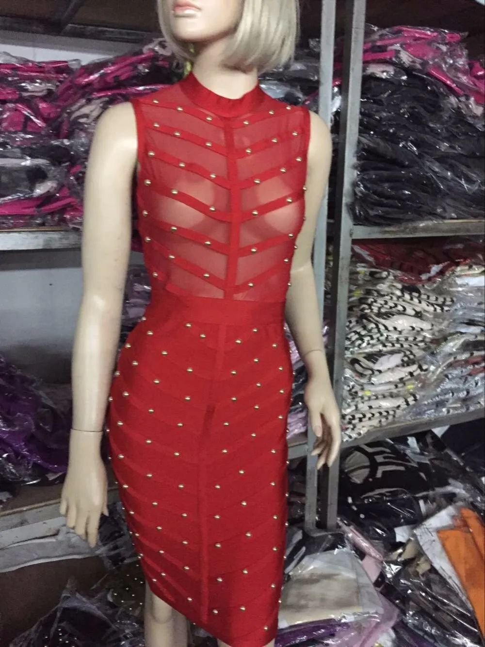 Красный гвоздь с бусинами и сеткой шипованных высокого качества сексуальное женское облегающее длиной до колена новое поступление бандажные платья с длинными рукавами вискоза