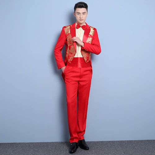 Tuxedo male suit Slim Chinese style red groom wedding dress show suit host ceremonial suit suit