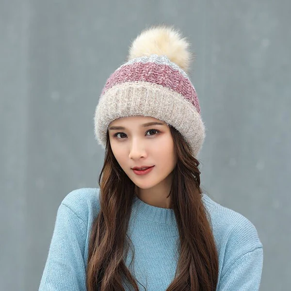 Зимняя модная шенилловая вязанная шапка с помпоном, шапка бини для женщин, фирменная новинка, Толстая теплая женская шапка Skullies - Цвет: BEIGE