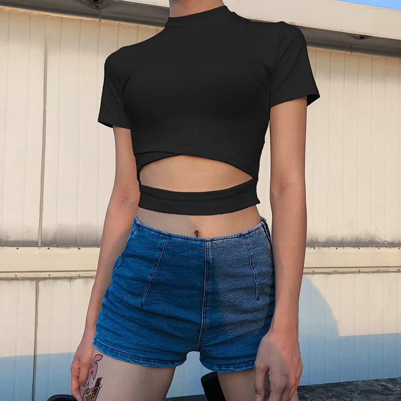

New Hollow Out Sexy Summer Spring Black Tee Tops for Women Solid Casual O-neck Top Shirts Grils 90s