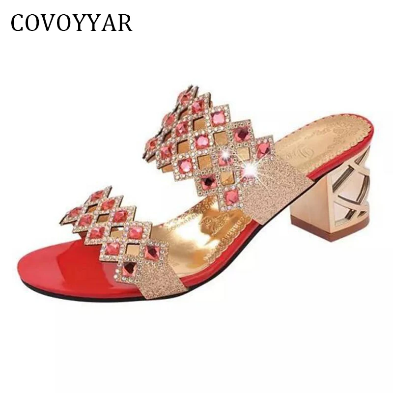 

COVOYYAR 2019 Shiny Rhinestone Women Sandals Cut Out Slides Casual Slippers Thick Heel Women Shoes Big Sizes 35-41 WSS754