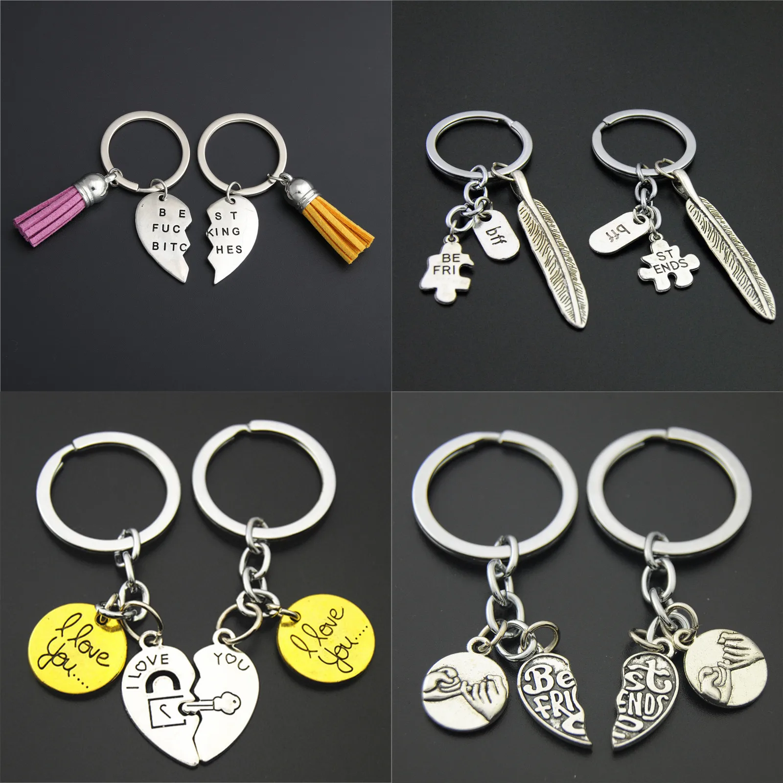 

1set(2pcs) Silver Feather Charms With Puzzle Keychains Best Firiend Keyring Tassel Pendant Mother's Day Gift