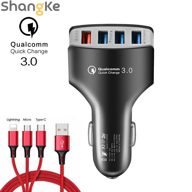 شاحن سيارة 4 ميناء USB شاحن سيارة QC3.0 التكيف سريع شاحن الهاتف محول مزيج عدة مع 2.4A 3-في-1 سريعة كبل شحن شاحن سيارة 4 ميناء USB شاحن سيارة QC3.0 التكيف سريع شاحن الهاتف محول مزيج عدة مع 2.4A 3-في-1 سريعة كبل شحن