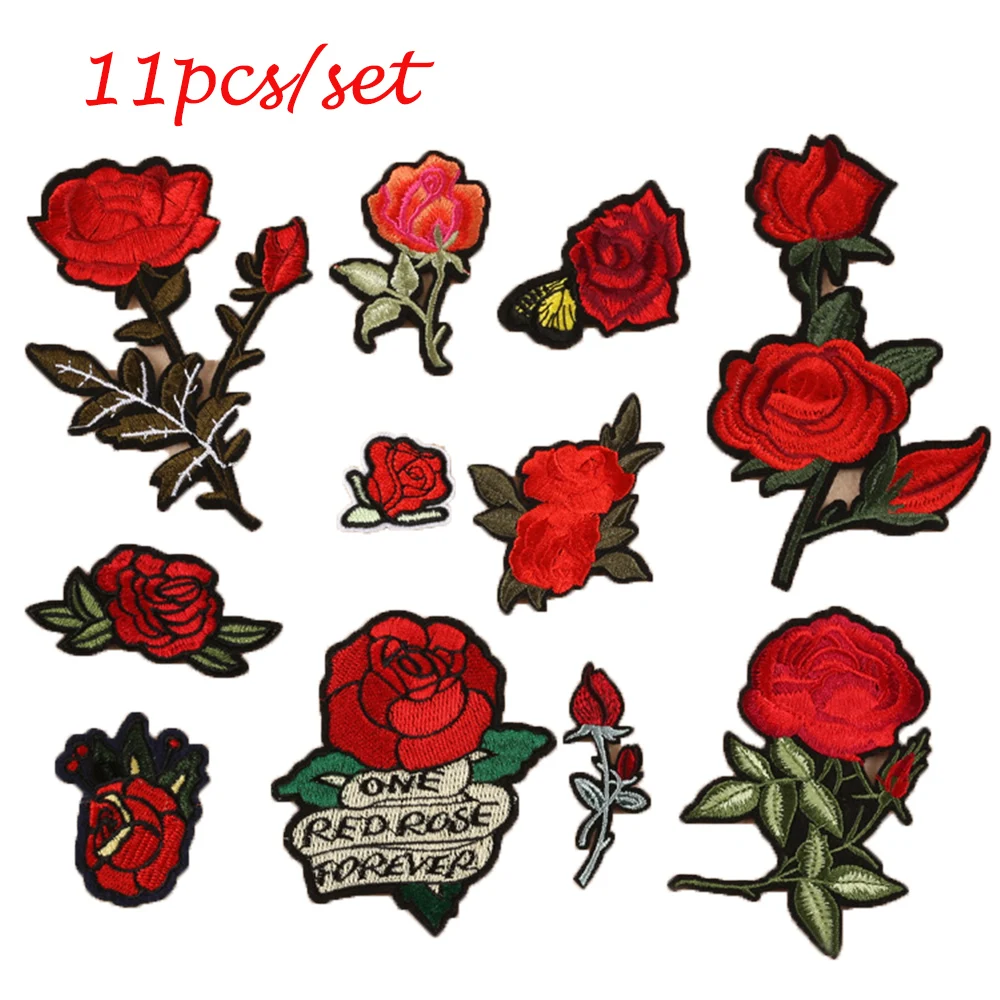 

High Quality 11pcs/set Sew Embroidery Rose Flowers Iron On Patch Badge Applique Patch With Glue Clothing Fashion Accessory