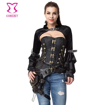 

Corzzet Black Satin&Flannel Ruffle Long Sleeve Gothic Jacket Women Burlesque Steampunk Clothing Sexy Costume Jacket