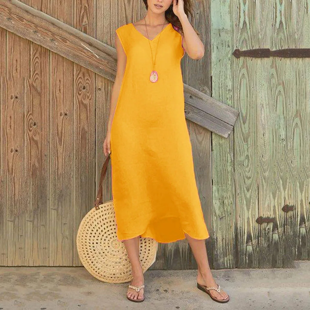 

Women Summer Dress Style V-Neck Printed Cotton And Linen Casual Plus Size Ladies Dress Fashion Beach Dresses Party Dresses#P6