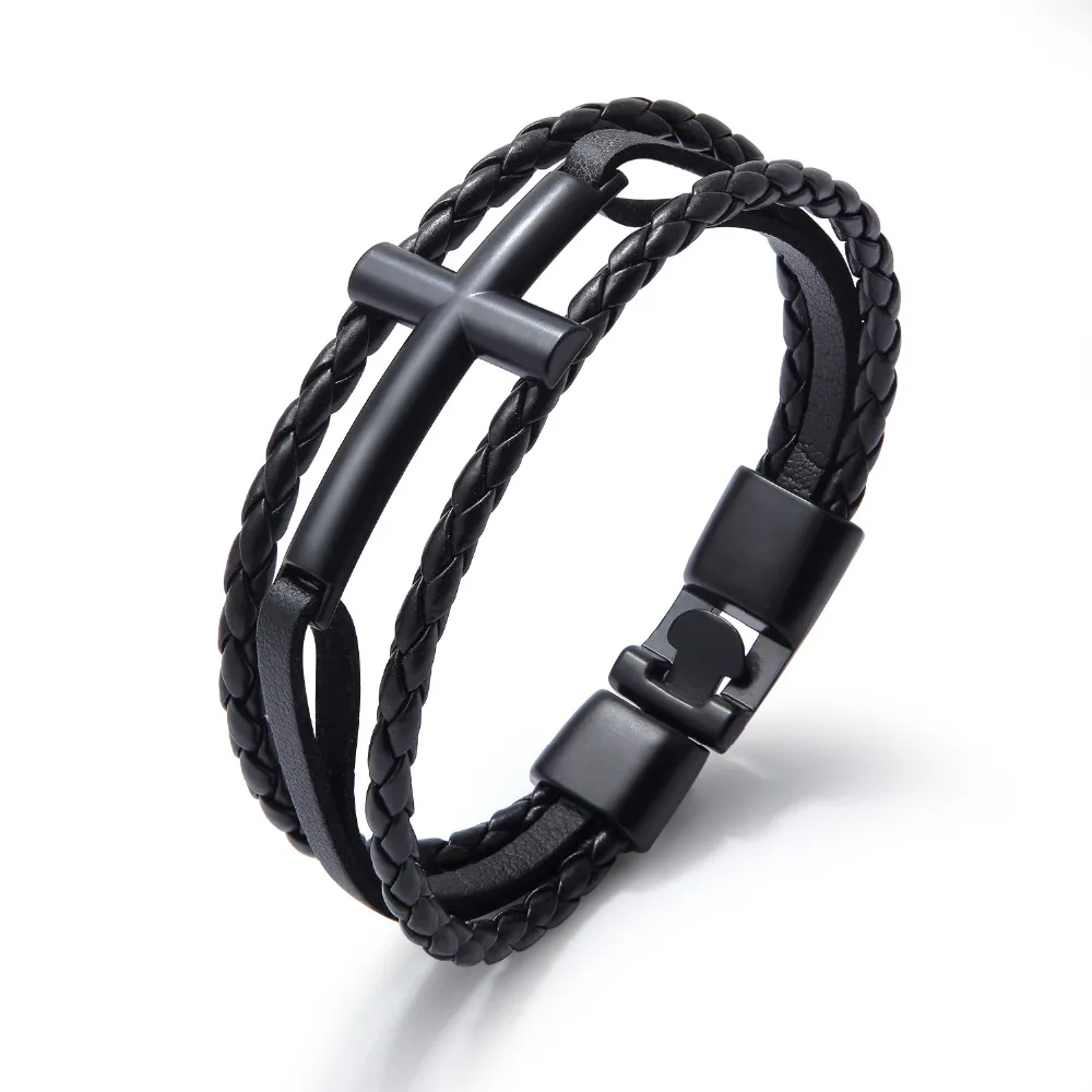 

Braided Rope Stainless Steel Leather Bracelets for Men Faith of Cross Bracelets & Bangles Male Jewelry Gift(BA102373)
