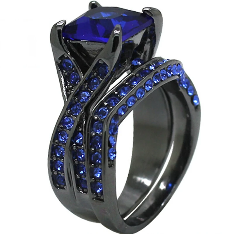 Size 5 11 Blue Stone Black Rhodium Princess Cut Stone Halo