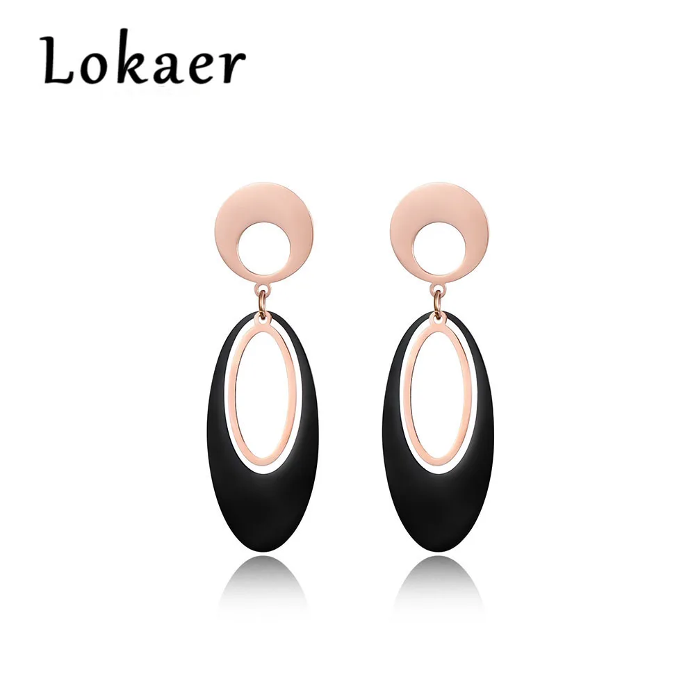 

Lokaer New Arrive Rose Gold Color Classic Black Geometric double oval Titanium Steel Women's Earrings Female Gift E170660366R