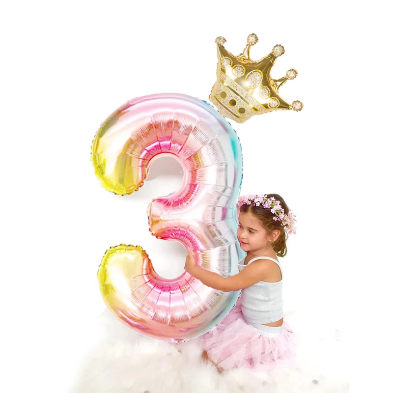 

2pcs/set 32Number rainbow Foil Balloons with gold crown unicorn party foil balloon Kids Birthday Party anniversary Crown Decor