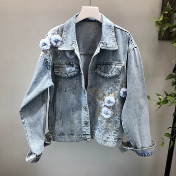 

Autumn new loose fashion three-dimensional embroidery flowers long-sleeved washed denim jacket women's slim jean jacket 1884
