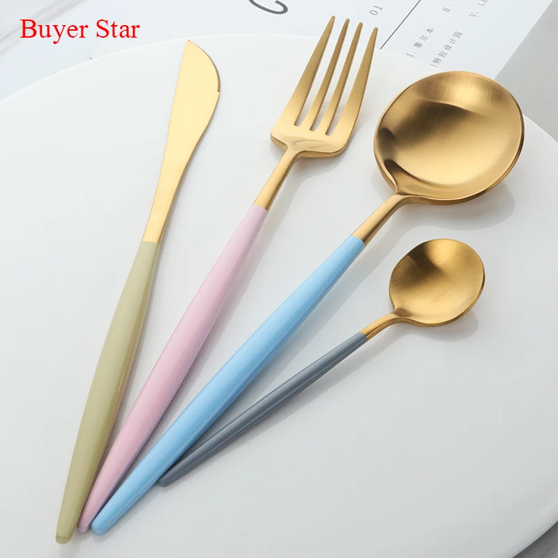

Gold Dinnerware Set 1810 Stainless Steel Cutlery Set 4 Pieces Pink Knife Fork Set Tableware Silver Cutleries Western Food Set