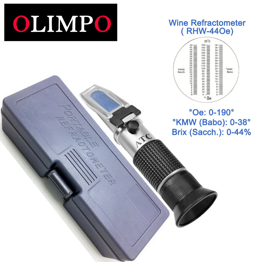 

OLIMPO Oe Grape refractometer Wine testing RHW-44Oe saccharometer 0-44% Brix Saccharose 0-190'Oechesle 0-38'KMW Babo tester