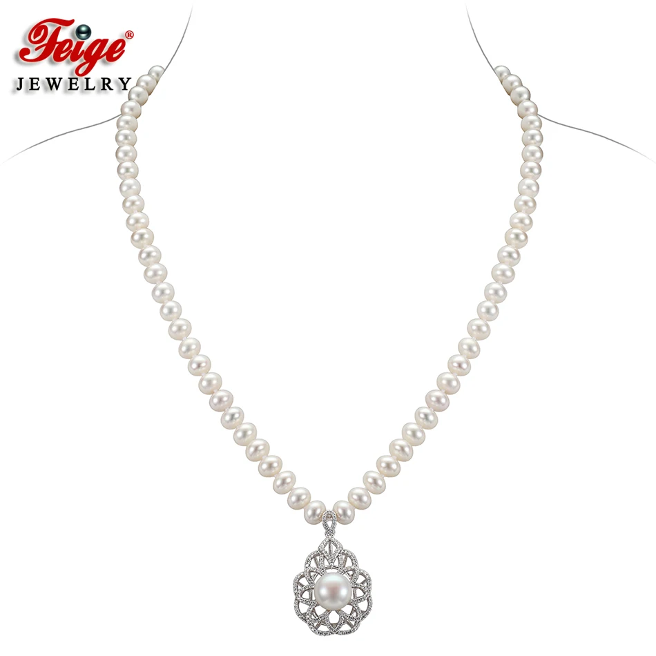 

FEIGE Shiny Luxury Pearl Choker Necklace Real 925 Sterling Silver Inlay Cubic Zirconia Pendants for Women Handmade Pearl Jewelry
