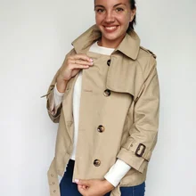 Корейская версия Весна и осень чистый цвет талии двубортное пальто женщина леди ветровка