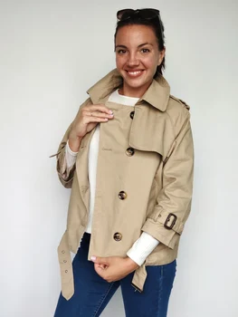 

Korean Version Spring And Autumn Pure Colorn Waist Double Breasted Coat Woman Lady Windbreaker