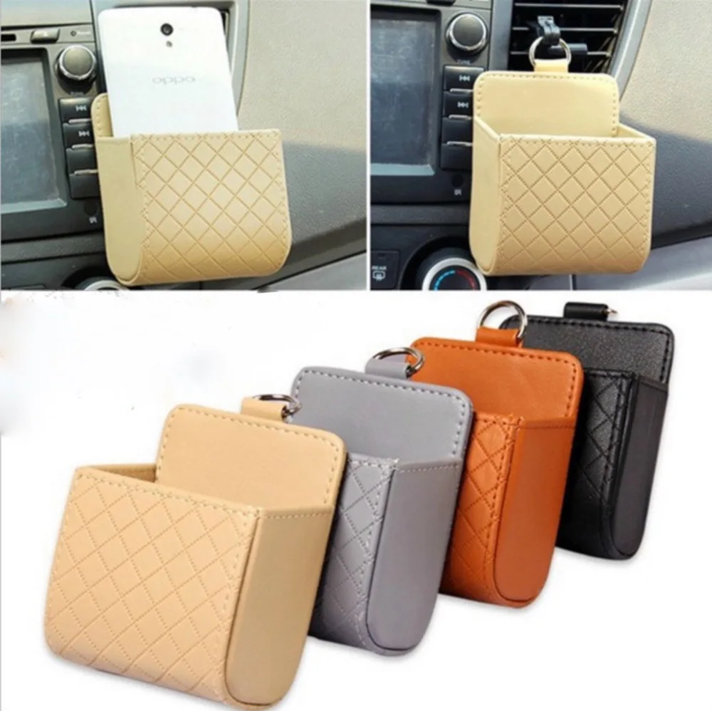 

4 Color Auto Vent Outlet Trash Box PU Leather Car Mobile Phone Holder Storage Bag Organizer Automobile Hanging Box Car Styling