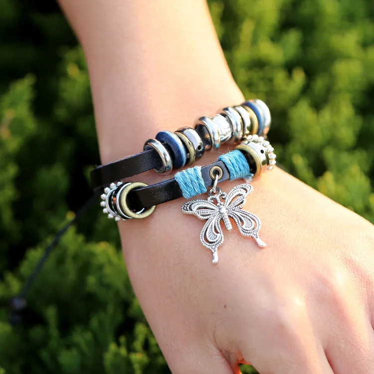Модные кожаные браслеты с бабочками для женщин ювелирные изделия в стиле "Бохо" Плетеный бисерный браслет женский браслет на руку Braclet девушки индийские ювелирные изделия