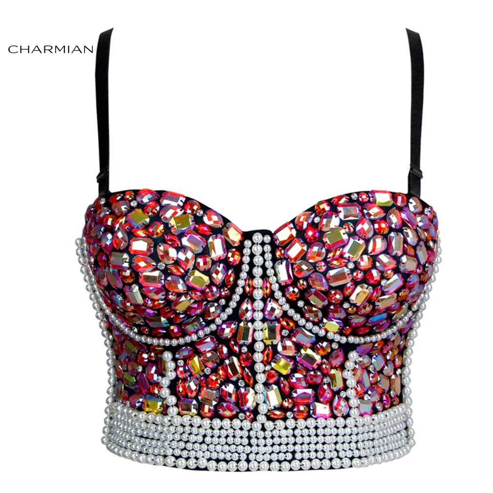 

Charmian Women's Sexy Sweets Fancy Studded Gem B Cup Bustier Bra Clubwear Crop Top