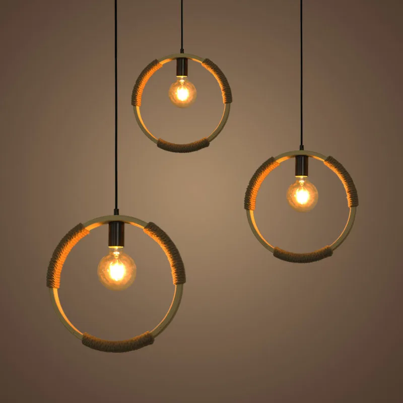 

Retro industry Loft circle hemp rope pendant light dining room kitchen bedroom droplight